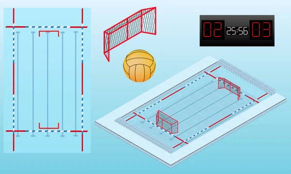 Piscină Pentru Imagine Izometrică Polo Apă Minge Plase Tablă Bord — Vector de stoc