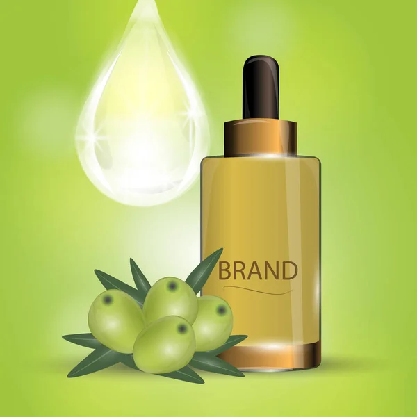 Spray Hidratante Cosmético Lujo Sobre Fondo Bokeh Con Aceitunas Verdes — Vector de stock