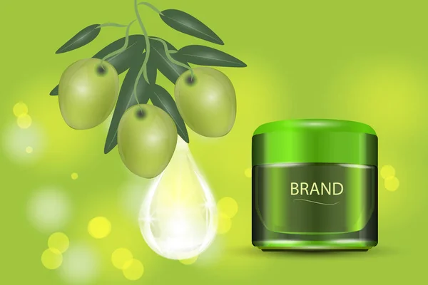 Luxe Cosmetische Crème Pot Bokeh Achtergrond Met Groene Olijven Collageen — Stockvector