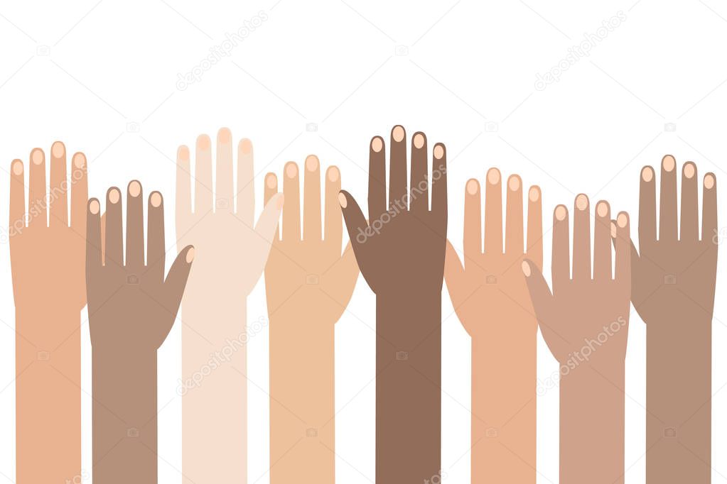 Multiracial Colorful Peoples' Hands Raised. Vector illustration of Human Rights Day background.