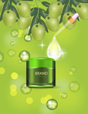 Lüks kozmetik krem kavanoz yeşil zeytin ve kollajen serum damla bokeh arka plan üzerinde. Vektör çizim