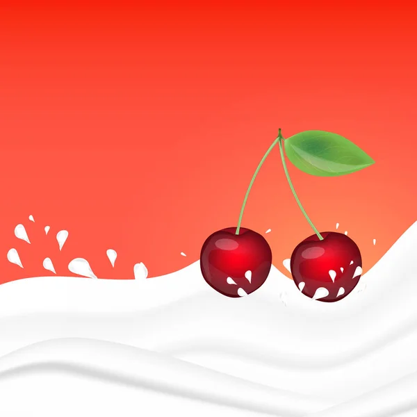 Cherry Rozpryskiwania Mleku Różowym Tle Owoce Jogurt Realistyczne Ilustracja Wektorowa — Wektor stockowy