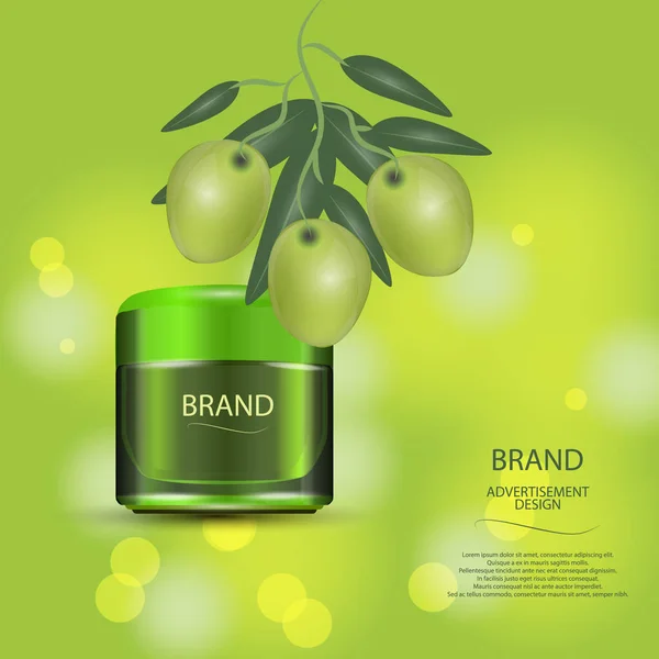 Frasco Creme Cosmético Luxo Fundo Bokeh Com Azeitonas Verdes Ilustração — Vetor de Stock