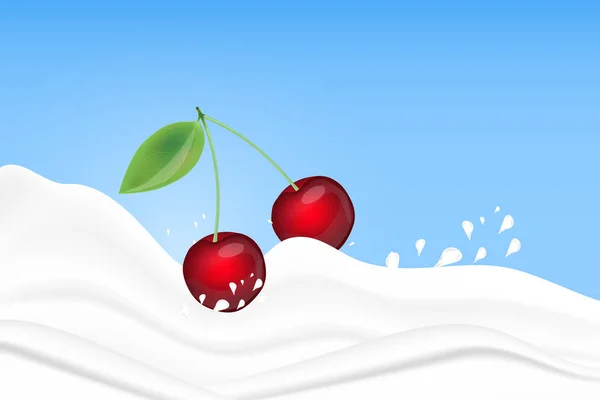 樱桃溅在牛奶上的蓝色背景 水果和酸奶 现实向量例证 — 图库矢量图片