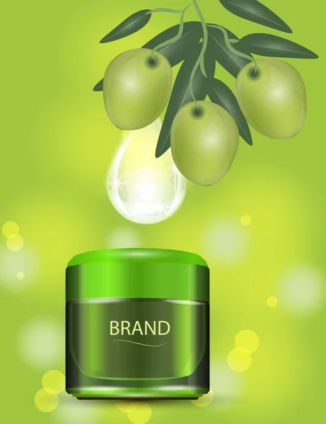 Frasco Crema Cosmética Lujo Sobre Fondo Bokeh Con Aceitunas Verdes — Vector de stock