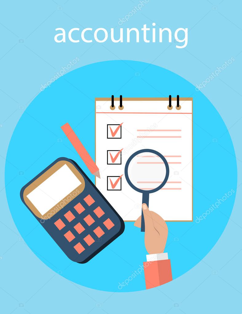 Accounting, taxes, audit, calculation, data analysis, reporting concepts. Vector illustration flat design.