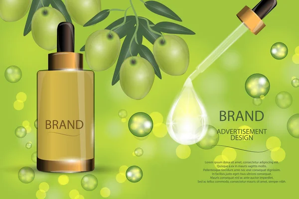 Luksusowy Kosmetyk Nawilżający Spray Tle Bokeh Zielonymi Oliwkami Kolagen Serum — Wektor stockowy