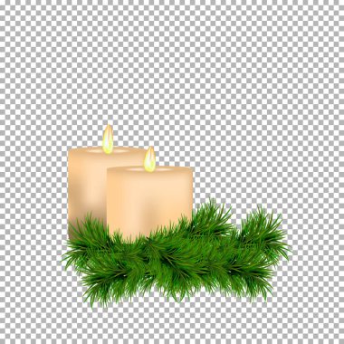 Noel ve yılbaşı dekorasyon mumlar ve ladin dal üzerinde şeffaf arka plan izole. Vektör çizim