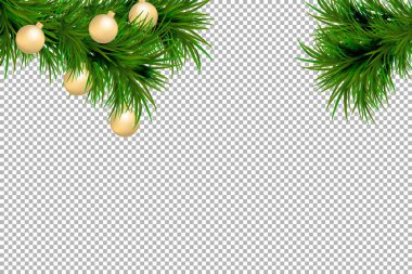 Neşeli Noel ve mutlu yeni yıl ve arka plan çam dalları üzerinde şeffaf arka plan izole Noel topları. Modern tasarım. Poster, afiş, broşür, kart için evrensel vektör arka plan.