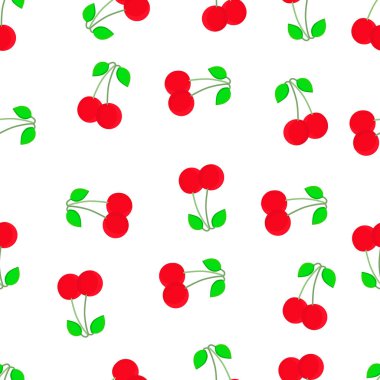 Kiraz seamless modeli. Tekstil, sarma, duvar kağıtları, vb için iyi. Beyaz arka plan üzerinde izole tatlı kırmızı olgun kiraz. Vektör çizim.