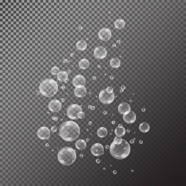 Siyah şeffaf arka plan üzerinde izole gökkuşağı yansıma kümesi ile gerçekçi sabun köpüğü. vektör çizimi