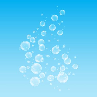 Gerçekçi sabun kabarcıkları ile mavi arka plan üzerinde izole gökkuşağı yansıma kümesi. vektör çizimi