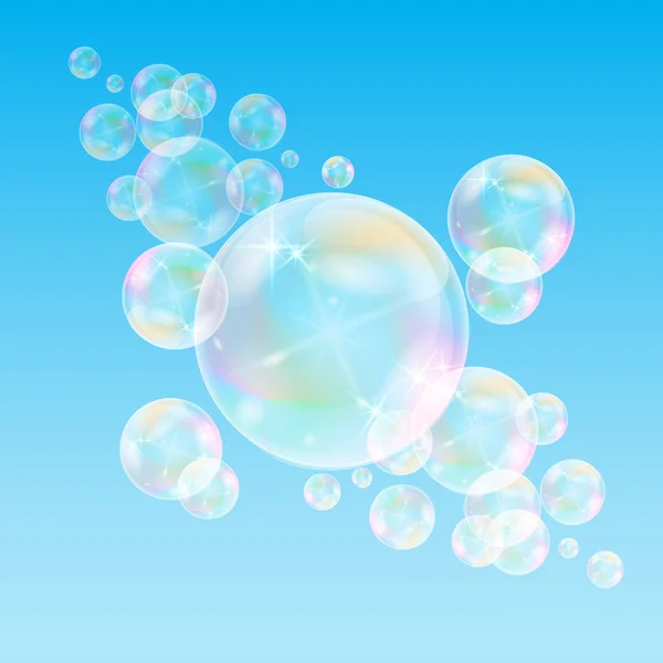 Реалистичные Мыльные Пузыри Радужным Отражением Изолированные Синем Фоне Векторная Иллюстрация — стоковый вектор