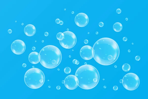 Realistické Mýdlové Bubliny Sadou Duhový Odraz Izolované Modrém Pozadí Vektorové — Stockový vektor