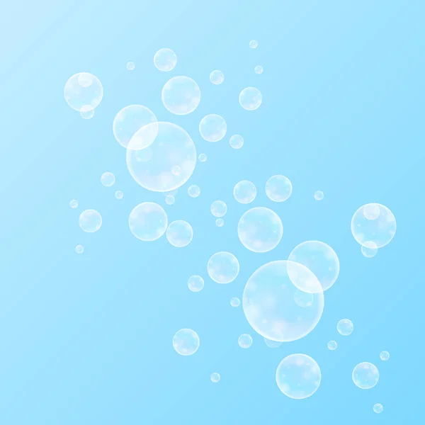 Realistic Soap Bubbles Rainbow Reflection Set Isolated Blue Background Vector — Stock Vector