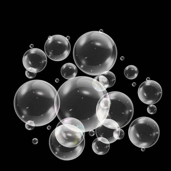 Реалистичные Мыльные Пузыри Радужным Отражением Изолированные Черном Фоне Векторная Иллюстрация — стоковый вектор