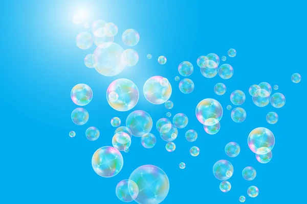 Realistic Soap Bubbles Rainbow Reflection Set Isolated Blue Background Vector — Stock Vector