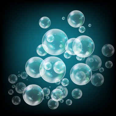 Gerçekçi sabun kabarcıkları ile mavi arka plan üzerinde izole gökkuşağı yansıma kümesi. vektör çizimi