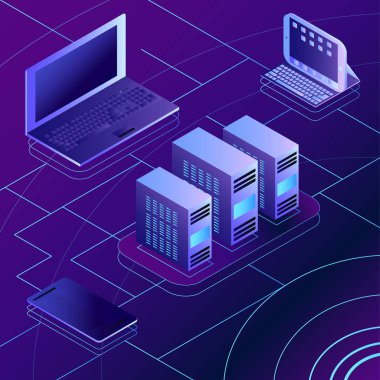 Modern bulut hizmetleri ve Cloud Computing öğeleri izometrik kavramı. Bulut bağlanan aygıt. İzometrik vektör çizim.