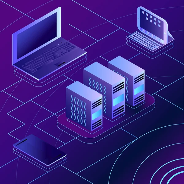 Modern bulut hizmetleri ve Cloud Computing öğeleri izometrik kavramı. Bulut bağlanan aygıt. İzometrik vektör çizim.