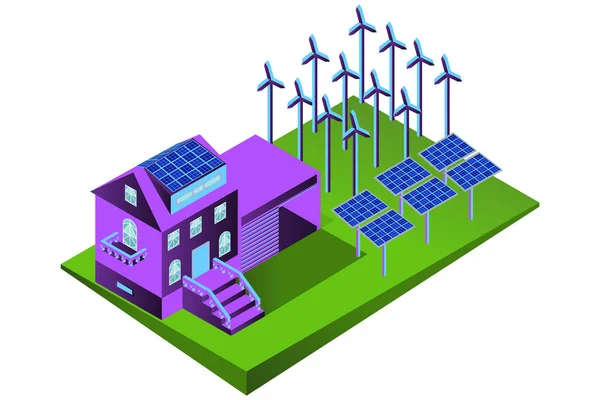 Casa Ecosostenibile Isometrica Con Turbine Eoliche Pannelli Solari Illustrazione Del — Vettoriale Stock