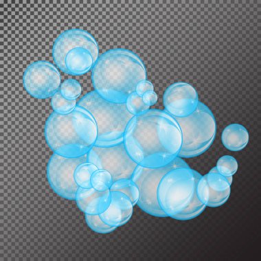 Siyah şeffaf arka plan üzerinde izole gökkuşağı yansıma kümesi ile gerçekçi sabun köpüğü. vektör çizimi