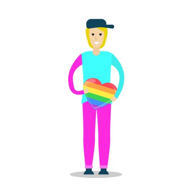 Genç erkek karakter bir gökkuşağı kalp tutan gülümseyerek. LGBT topluluğu. Eşcinsel aşk