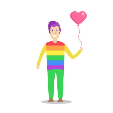 Bir gökkuşağı t gömlek giymiş ve kalp şekli balon tutan genç erkekler. LGBT