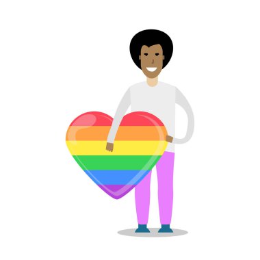 Bir gökkuşağı kalp tutan delikanlı. LGBT topluluğu. Eşcinsel aşk