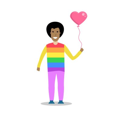 Bir gökkuşağı t gömlek giymiş ve kalp şekli balon tutan genç erkekler. LGBT