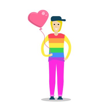 Bir gökkuşağı t gömlek giymiş ve kalp şekli balon tutan genç kadın. LGBT