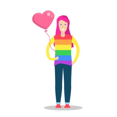 Bir gökkuşağı t gömlek giymiş ve kalp şekli balon tutan genç kadın. LGBT