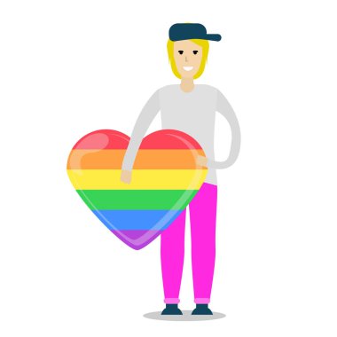 Genç erkek karakter bir gökkuşağı kalp tutan gülümseyerek. LGBT topluluğu. Eşcinsel aşk