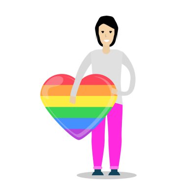 Genç erkek karakter bir gökkuşağı kalp tutan gülümseyerek. LGBT topluluğu. Eşcinsel aşk