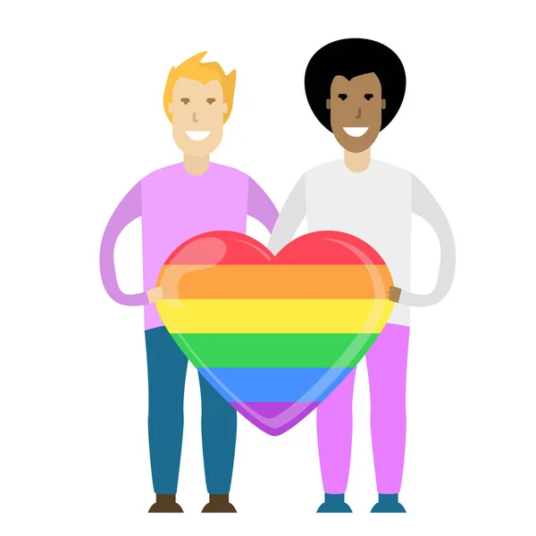 Young Gay Couple Holding Huge Rainbow Heart Lgbt Romantic Relationships — Stock Vector