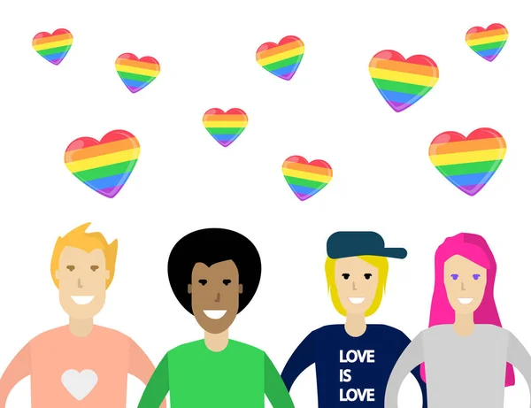 Grupo Personas Celebrando Los Derechos Las Personas Homosexuales Corazones Arco — Vector de stock