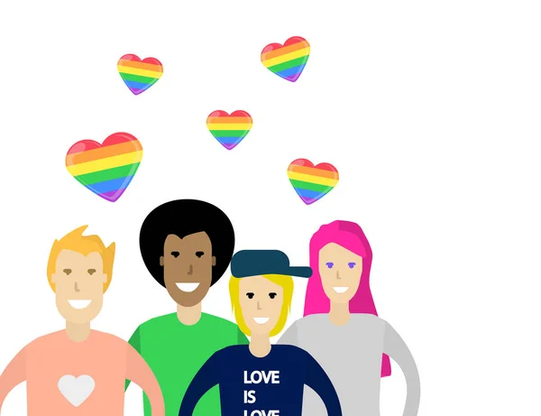 Grupo Personas Celebrando Los Derechos Las Personas Homosexuales Corazones Arco — Vector de stock