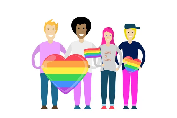 Bir Grup Insan Gökkuşağı Bayrakları Sembolleri Ile Eşcinseller Hakları Kutluyor — Stok Vektör