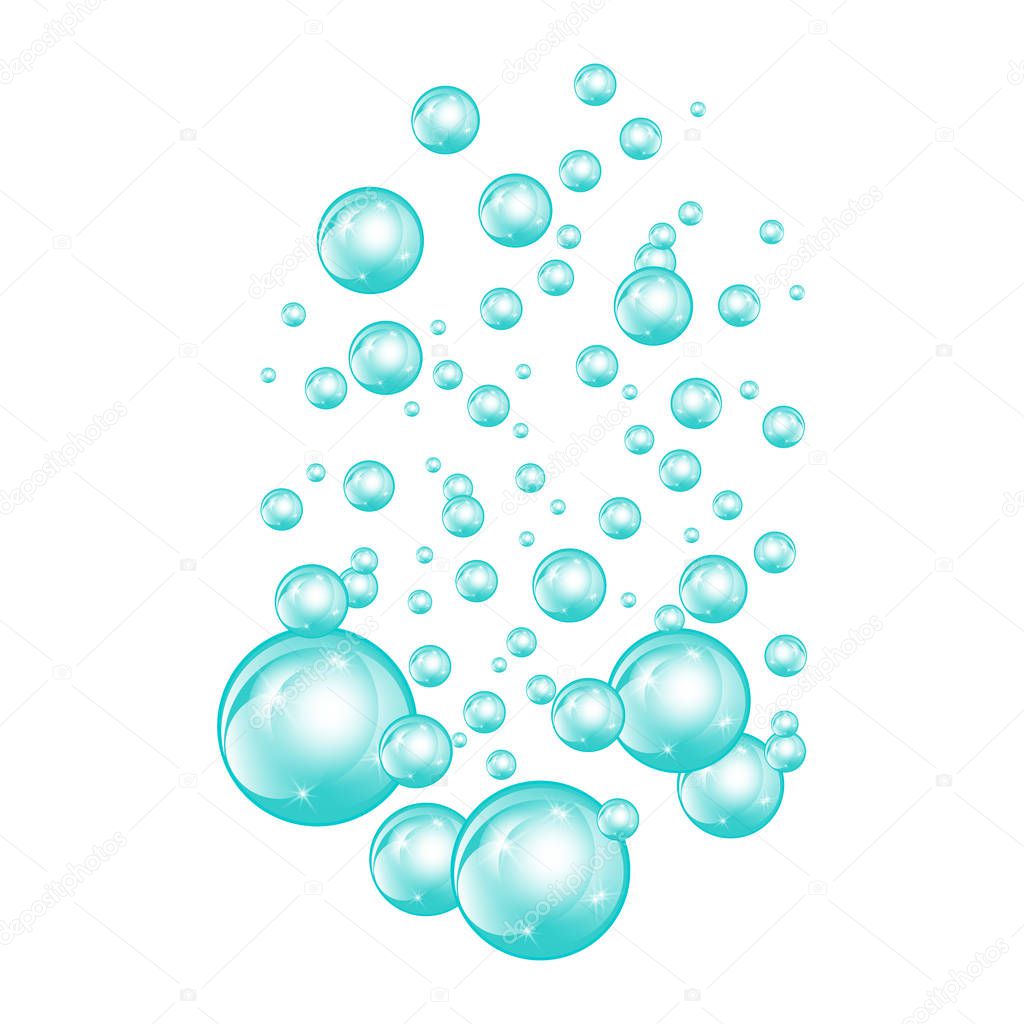 Bubbles underwater texture isolated on white background. Fizzy sparkles in water, sea, ocean. Undersea vector illustration.