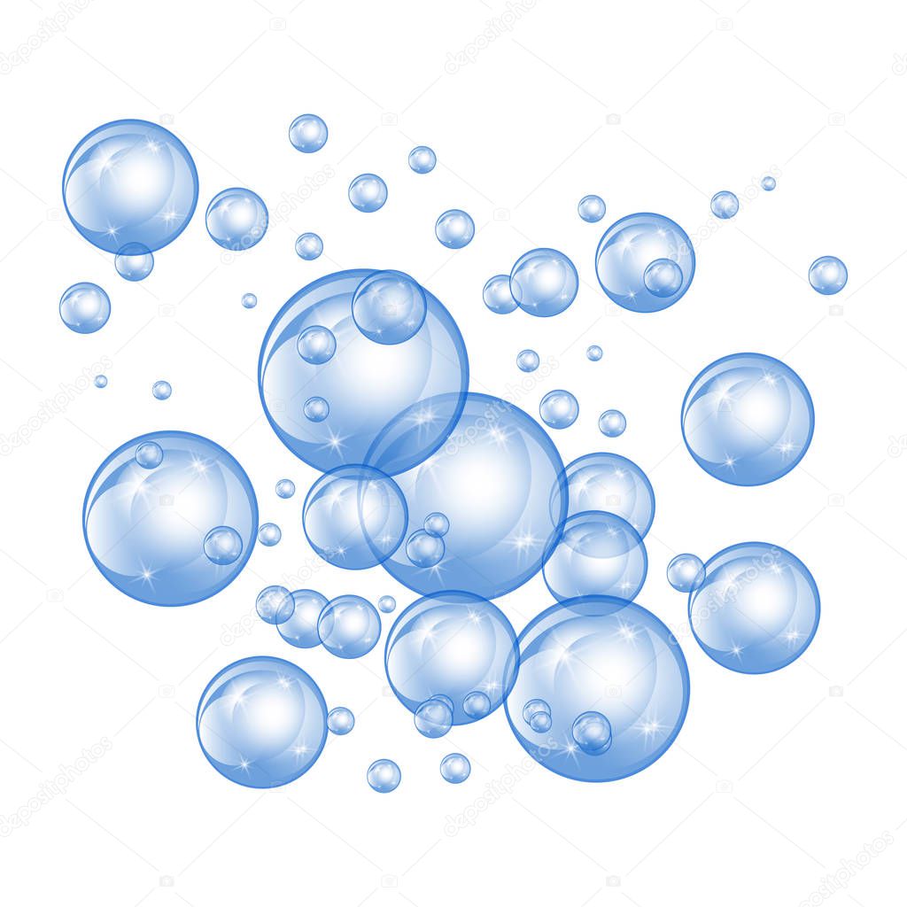 Bubbles underwater texture isolated on white background. Fizzy sparkles in water, sea, ocean. Undersea vector illustration.