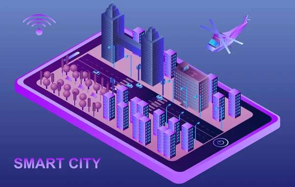 Concetto Isometrico Smart City Dispositivi Collegati Senza Fili Illustrazione Vettoriale — Vettoriale Stock