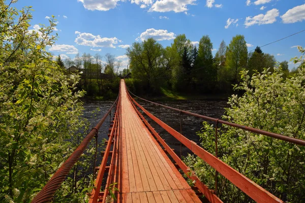 Jarní Krajina Zavěšený Most Přes Řeku Rychlé — Stock fotografie