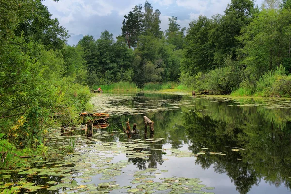 Ländliche Sommerliche Landschaft Mit Einem Ruhigen Fluss Und Einer Hölzernen — Stockfoto