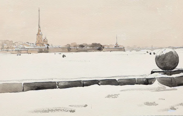 Зимний Санкт-Петербург, Петропавловская крепость и покрытый льдом Н. — стоковое фото