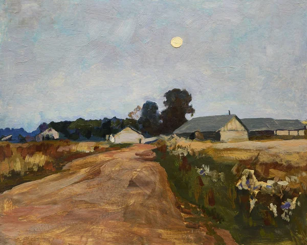 Paysage avec lever de lune sur la route de campagne et le village — Photo