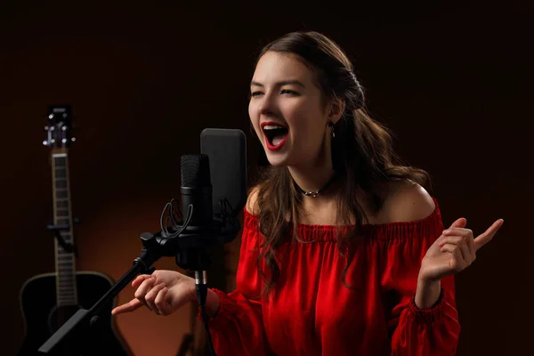 Cantante frente al micrófono durante la actuación de la — Foto de Stock