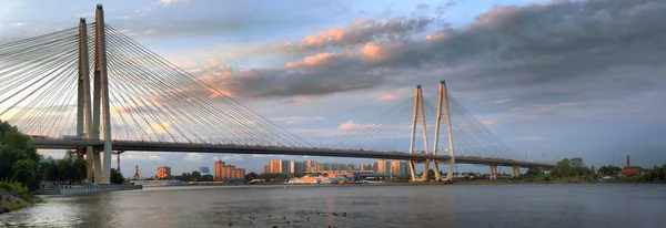 圣彼得堡涅瓦河上Bolshoy Obukhov桥的大型全景 — 图库照片