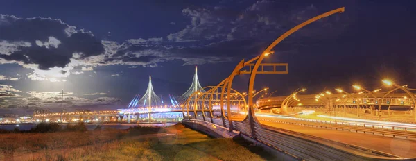 Panorama Noturno Grande Formato Expressway Ponte Cabo São Petersburgo — Fotografia de Stock