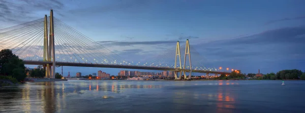Panorama Grand Format Pont Bolchoï Obukhov Saint Pétersbourg Contre Coucher — Photo