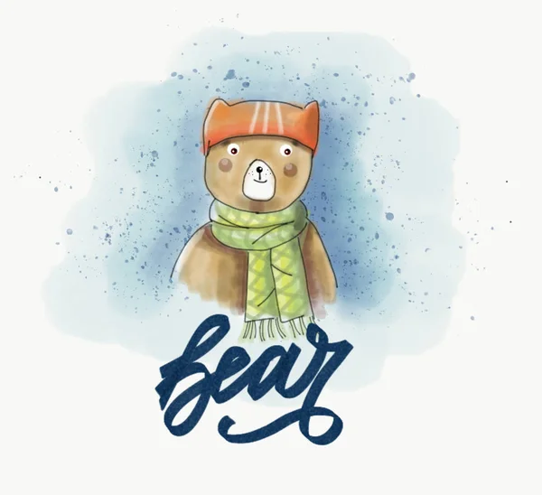 Dressed Watercolor Bear Hat Scarf Hand Written Inscription Bear — Stock Photo, Image